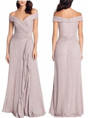NWT XSCAPE Shimmer Off Shoulder Evening Gown Rose Pink Size 8